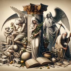 Symbolic Marble Monument with Virgin and Old Man - Masonic Imagery