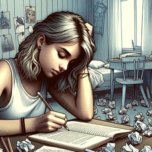 Captivating Close-Up Illustration of a Girl Writing a Book in a Calm Room