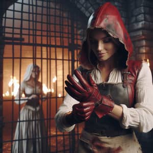 Medieval Castle Basement Scene: Woman in Red Leather Hood