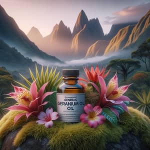 Geranium Oil Bottle in Tropical Oasis | Mountain Backdrop