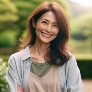 Serene Woman in Natural Setting - Casual Attire & Warm Smile