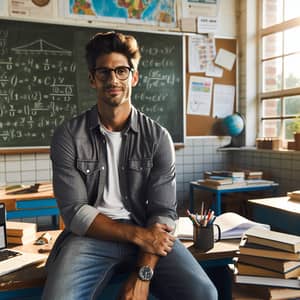 Relaxed Hispanic Male Teacher in School Classroom