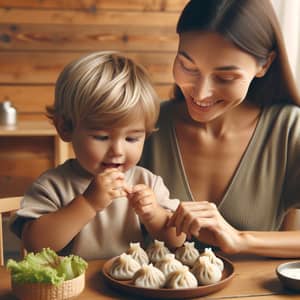 South Asian Toddler and Caucasian Mother Enjoying Momos