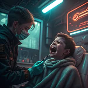 Teen Faces Dental Pain in Cyberpunk Setting