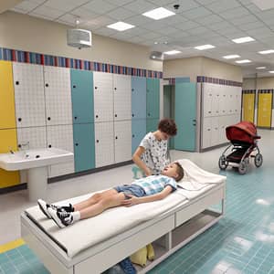 Teen Diaper Change Scene in Colorful Bathroom