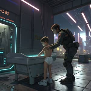 Cyberpunk Diaper Changing Scene in Unique Room