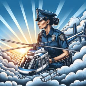 Hispanic Female Police Officer Flying Modern Helicopter in the Sky