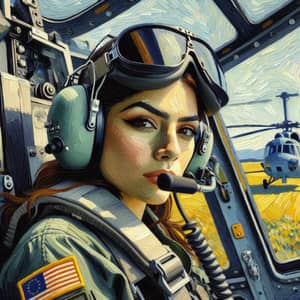 Van Gogh Style Female Hispanic Helicopter Pilot in Cockpit