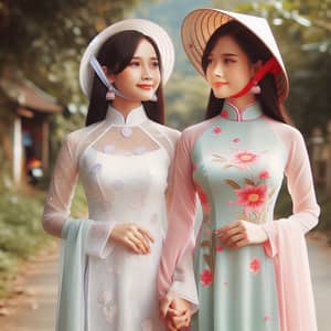 Vietnamese Women Holding Hands in Traditional Costumes