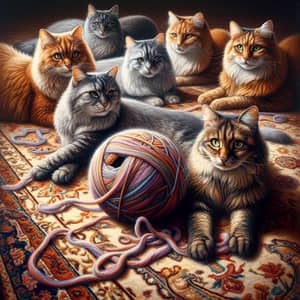 Multicolored Wool-Ball Playing Cats | Indoor Felines on Persian Rug