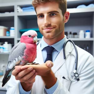 Vibrant Galah Bird perched on Male Veterinarian's Hand