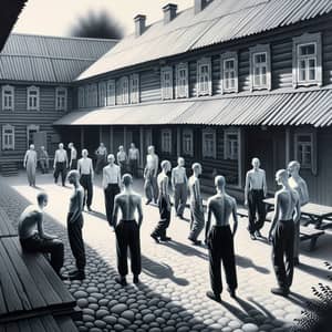 Monochromatic Painting of Skinheads in Russian Courtyard