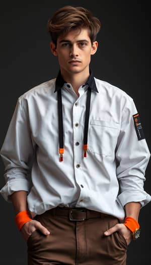 Stylish White Shirt with Black & Orange Accents