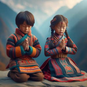 Sherpa Culture: Boy and Girl in Traditional Attire Praying