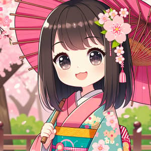 Cute Girl in Traditional Kimono with Pink Umbrella