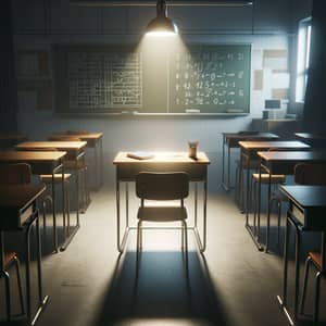 Illuminated Desk in Empty Classroom Image