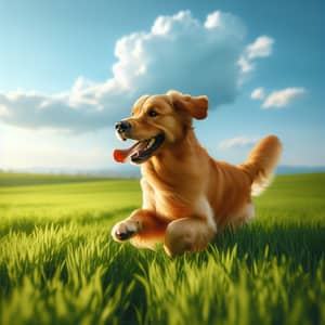 Playful Golden Retriever Running in Sunlit Field