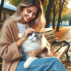 Multicolored Fluffy Cat and Loving Middle-aged Woman in Peaceful Park Setting