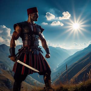 Albanian Warrior in Traditional Garb | Mountainous Terrain Background