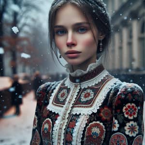 Traditional Russian Folklore Evening Dress in Winter Scene