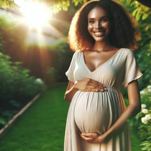 Joyful African Descent Pregnant Woman in Green Garden