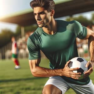 Determined South Asian Man Playing Football on Grassy Field