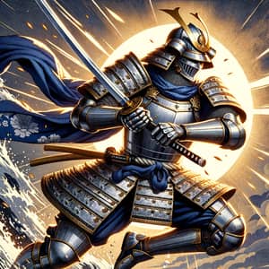 Samurai Knight in Shining Armor with Katana - Traditional Woodblock Print Style