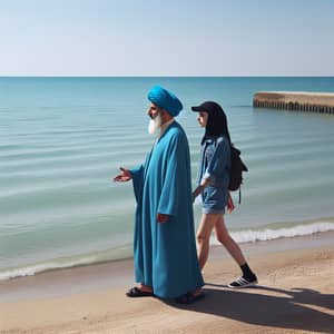 Shiite Cleric by Caspian Sea Guiding Woman