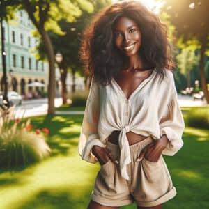 Smiling Black Lady in Summer Park