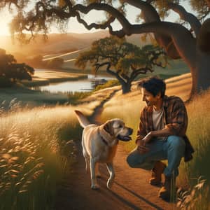 Hispanic Man with Labrador Retriever on Countryside Trail