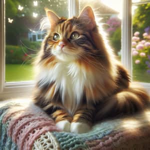 Calico Domestic Cat Sitting in Sunlit Window | Tranquil Scene