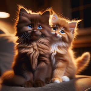 Adorable Blue-eyed Kitten Camaraderie on a Cozy Nighttime Couch