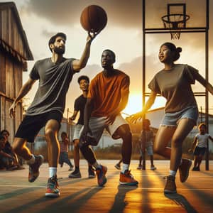 Local Neighborhood Sports Event: Intense Basketball Game at Dusk