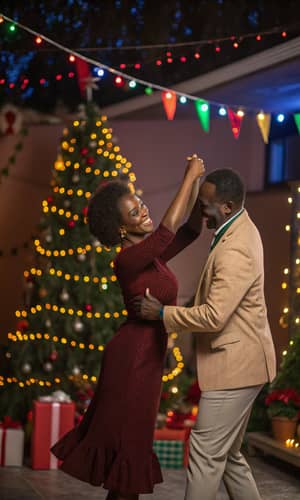 Joyful Black Couple Dancing at Christmas Party