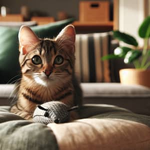 Striped Domestic Cat on Comfy Cushion | Green Eyes