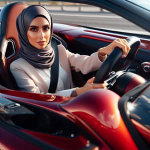 Middle-Eastern Woman in Hijab Drives Luxury Sports Car on Open Highway