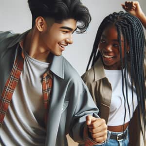 Joyful South Asian Boy and Black Girl Dancing Together