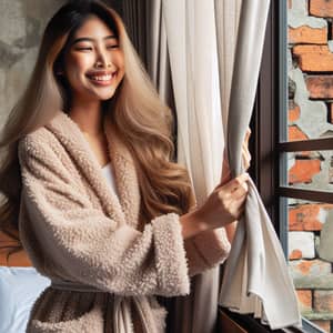 South Asian Woman Opening Window Curtains to Brick Wall