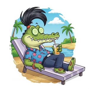 Relaxing Cartoon Crocodile in Tropical Paradise