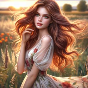 Graceful Beauty: Auburn-Haired Girl in Elegant Floral Dress