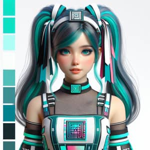 Futuristic Teal Blue Hair Woman in Electronic-themed Dress