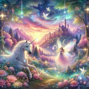 Whimsical Fairy Tale Landscape with Unicorn and Castle