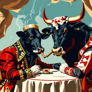 Matador and Bull Smoking Cigars at Table