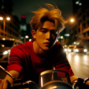 Blonde Asian Male Pop Singer Riding Motorcycle at Night