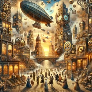 Steampunk Cityscape: Brass & Copper Buildings, Airships, Victorian-Era Citizens