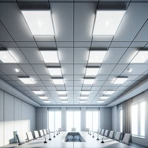 Office Meeting Room Ceiling with Matte White Tiles and Lamps