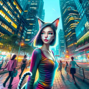 Feline-Human Hybrid in Urban Setting - Vibrant City Life