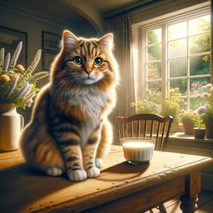 Cozy Home Scene with Fluffy Ginger Cat on Oak Wood Table