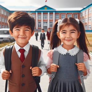 Kyrgyz Boy and Girl Walking to School - School Building Background