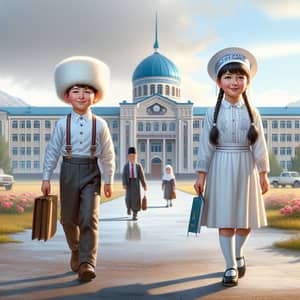 Kyrgyz Boy and Girl Walking to School | Traditional Ak Kalpak Hats